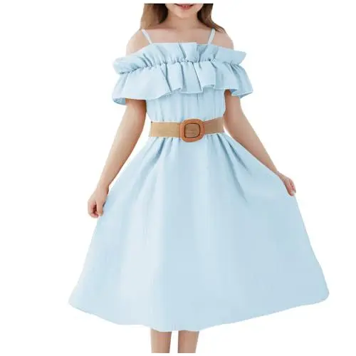 Produktbild: KODMNSW Kleid Mädchen Teenager A Line Kleider Festlichekleider Partykleid Trägerloseskleid Sommerkleider Kinderkleider Chiffonkleid 6-13 Jahre Hellblau 12-13 Jahre