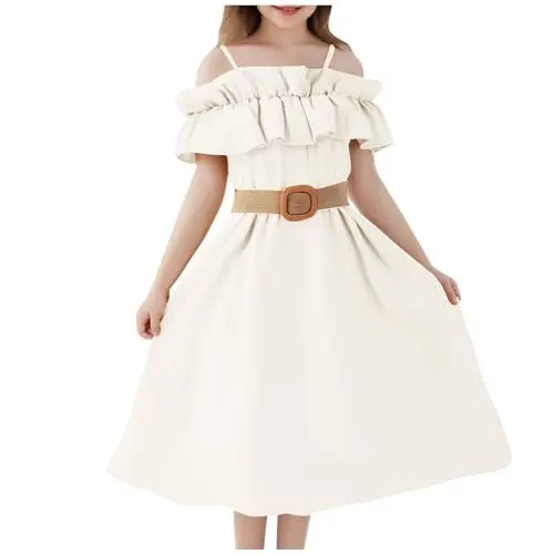 Produktbild: KODMNSW Kleid Mädchen Teenager A Line Kleider Festlichekleider Partykleid Trägerloseskleid Sommerkleider Kinderkleider Chiffonkleid Freizeitkleid 6-13 Jahre Weiß 12-13 Jahre