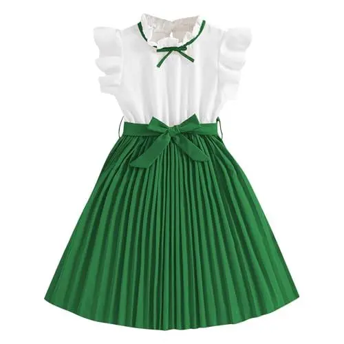 Produktbild: KODMNSW Kleid Mädchen mit Gürtel 2-TLG Sommerkleid Festliche Kleider Kinderkleider Rundhal Freizeitkleid Plisseekleid Sommerkleider Knielang für 8-12 Jahre Grün 10 Jahre