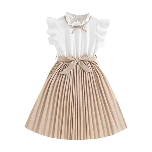 Produktbild: KODMNSW Kleid Mädchen mit Gürtel 2-TLG Sommerkleid Festliche Kleider Kinderkleider Rundhal Freizeitkleid Plisseekleid Sommerkleider Knielang für 8-12 Jahre Khaki 9 Jahre
