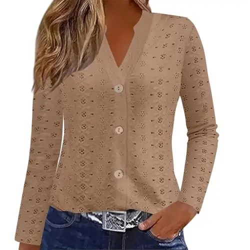 Produktbild: KODMNSW Langarmshirt Damen Slim Fit Pullover Durchbrochenes Jacquardgewebe Oberteil Y2K Top Einfarbig Longsleeve Tshirts Elegante Oberteile Herbst Winter Strickjacke Dünne Jacke Khaki M