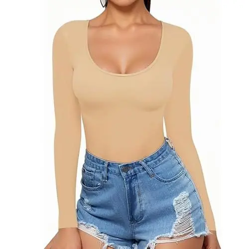 Produktbild: KODMNSW Langarmshirt Damen Tiefer Rundhalsausschnitt Top Elegante Oberteile Langarm T-Shirts Slim Stretch Einfarbig Bluse Basic Longsleeve Tshirts Skinny Tops Pullover Bluse Beige XXL