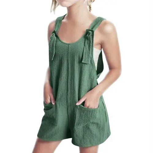 Produktbild: KODMNSW Mädchen Jumpsuit Kurz Latzhose Sommer Outfits Ärmelloses Overall Freizeit Casual Loose Jumpsuits Latz-Shorts Trainingsanzug Kinderoverall mit Tasche 5-14 Jahre Grün 150