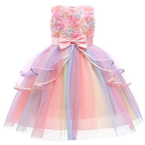 Produktbild: KODMNSW Prinzessin Kleid Mädchen Blumenmädchenkleider Abendkleid Tüll Kleid Sommerkleid Elegant Festliche Kleider Partykleid Kinderkleider 6 Monate-13 Jahre Rosa 130