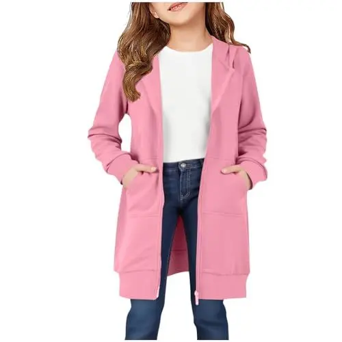 Produktbild: KODMNSW Sweatjacke Mädchen Hoodie Kapuzenjacke Lang Fleece Warm Kuscheljacke Kapuzenpullover mit Reißverschluss Casual Sweatshirt Jacke 2025 Herbst Winter Hoodie Jacke für Übergangs Rosa 14 Jahre