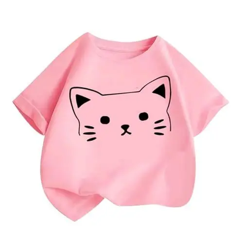 Produktbild: KODMNSW T-Shirt Mädchen T Shirt Kinder Tshirt Sommer Tops Baumwolle Kurzarm Oberteile Katze Druck Kurzärmelige Sport Top Klamotten Teenager 2-14 Jahre Alt Rosa 10 Jahre