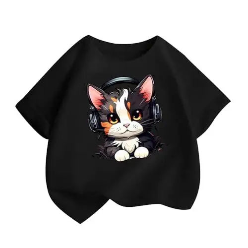 Produktbild: KODMNSW T-Shirt Mädchen T Shirt Kinder Tshirt Sommer Tops Baumwolle Rundhals Kurzarm Oberteile Katze Druck Kurzärmelige Coole Klamotten für Teenager 2-14 Jahre Alt Schwarz 4 Jahre