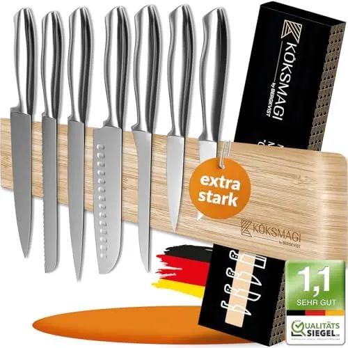 Produktbild: KÖKSMAGI® Magnetleiste Messer aus Bambus (50 cm) - magnetische Messerleiste mit extrem starkem Magnet für schwere Messer - selbstklebend (3M Klebeband) & mit Zubehör zum Bohren
