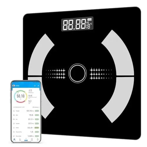 Produktbild: JINER Digital Körperfettwaage, Smart Digitale Waage, Bluetooth Personenwaage mit App für Körperfett, BMI, Gewicht, Muskelmasse, Wasser, USB Ladevorgang