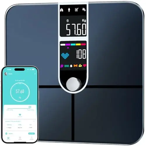 Produktbild: Körperfettwaage mit Großen Display, Ultra Precision Waage mit Körperfett und Muskelmasse, Personenwaage mit Körperfettanalyse, Waage Personen mit 22 Messwerten, Herzfrequenz, BMI, körperanalysewaage