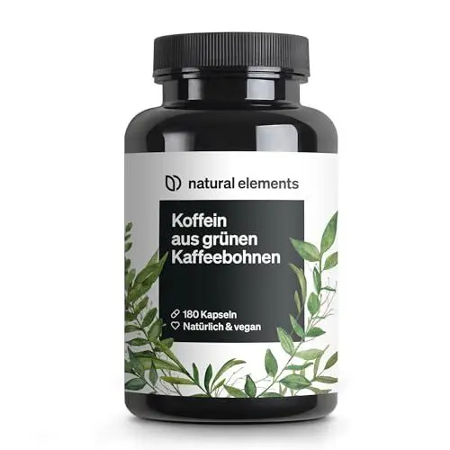Produktbild: Koffein Kapseln – 200mg natürliches Koffein/Kapsel – 180 Kapseln – natürliche Alternative zu Tabletten – vegan, hochdosiert – in Deutschland produziert & laborgeprüft