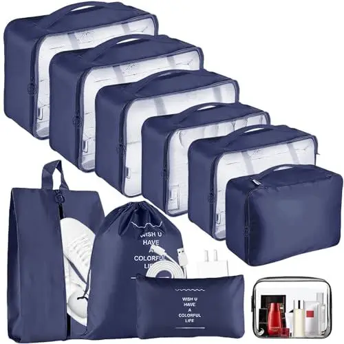 Produktbild: Koffer Organizer Packing Cubes für Kleidung - 10 Teiliges Kleidertaschen, Packwürfel Set Reise Würfel, Packtaschen mit Kosmetiktasche, wasserdichte Schuhe Beutel, Travel Essentials (Navy blau)