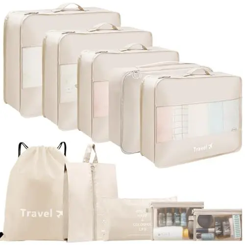 Produktbild: Koffer Organizer Set, 10 Stück Travel Packing Cubes, Kofferorganizer Packtaschen Set Packwürfel mit Kleidertaschen Schuhbeutel, Reise Gadgets-Beige