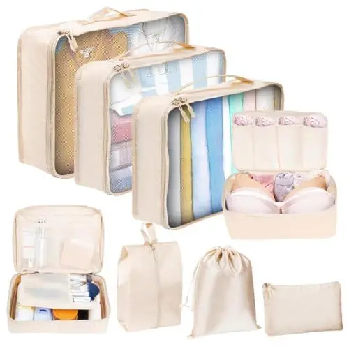 Produktbild: Koffer Organizer, 8 Teilig Packing Cubes, Packwürfel, Koffer Organizer Set, Kofferorganizer, Travel Organizer, Organizerkoffer, Packtaschen für Koffer (Beige)
