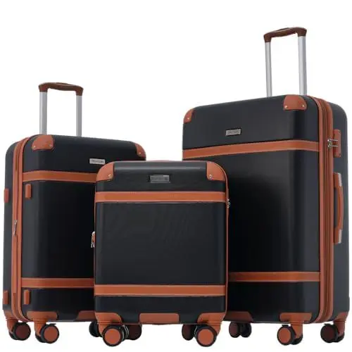 Produktbild: Koffer-Set Hartschalen Rollkoffer Reisekoffer Handgepäck 4 Rollen ABS-Material TSA Zollschloss Teleskopgriff 360° Drehräder Erweiterbar Netztaschen Kreuzgurte Geräuscharm Leichtgewicht (Schwarz)