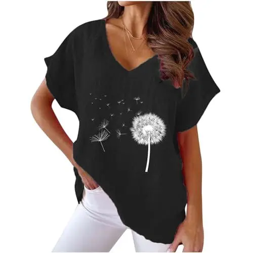 Produktbild: KOG Amazon Basics Damen T-Shirt Freizeit Tie-Dye Muster Tuniken Basic Kurzarm Hemd Tunika Große Größen Tie-Dye Muster Longshirt Teenager U-Boot-Ausschnitt Retro Bluse Sale Damen Schwarz 3XL