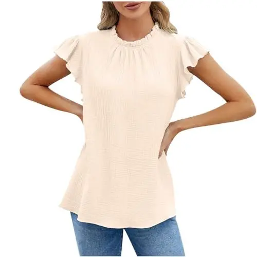 Produktbild: KOG Amazon Basics Damen T-Shirts Elegante Einfarbig Tshirt Lässig Kurzarm Tunika Frau Shirts Sommer Grafik Drucken Pullover Frauen V-Ausschnitt Slim Fit Hemd Amazon Essentials Damen Beige S