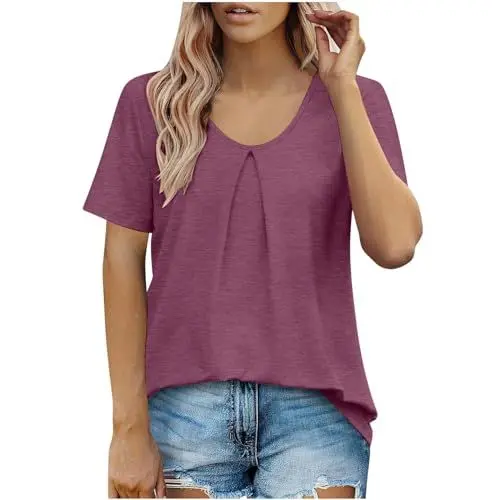 Produktbild: KOG Amazon Basics Damen Tshirt Lässig Einfarbig Blusenshirt Retro Kurzarm Tshirts Teenager Longbluse Oversize Mode Motiv Bekleidung Frau Rundhals Elegante T-Shirt Lila S