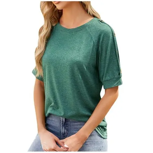 Produktbild: KOG Amazon Basics Damen Tshirt Lässig Einfarbig Oberteile Lose Kurzarm Tee T-Shirt Teenager Sweatshirt Basic Einfarbige Blusen & Tuniken Frau V-Ausschnitt Tank Sale Damen Grün S