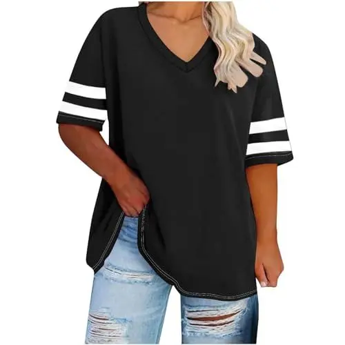 Produktbild: KOG Amazon Basics Tshirt Damen Fashion Einfarbig T-Shirt Elegant Baumwolle Kleidung Frau Tee T-Shirt Freizeit Einfarbig Longshirt Frauen Rundhals Elegante Top Gutschein Amazon Schwarz 4XL