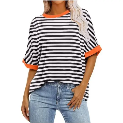Produktbild: KOG Amazon Basics Tshirt Damen Freizeit Einfarbig Tee Shirt Elegant Kurzarm Shirt Teenager Mädchen Bekleidung Retro T-Shirts Rundhals Sommer Top Warehouse Deals Angebote Schwarz M
