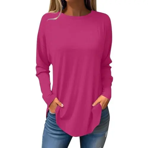 Produktbild: KOG Amazon Essentials Damen Langarmshirt für Damen Langarm Oberteil Einfarbige Bluse Lose Baumwolle T-Shirts Frau Winter Einfarbig Top Rundhals Retro T-Shirt Gutscheine Knalliges Pink L