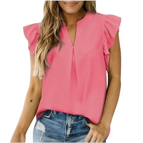 Produktbild: KOG Amazon Gutschein Damen T-Shirts Lose Einfarbige Blusen & Tuniken Freizeit Kurzarm T-Shirt Kleidung Retro Grafik Tshirts Frau V-Ausschnitt Lässig Pullover Outlet Angebote Wassermelonenrot S