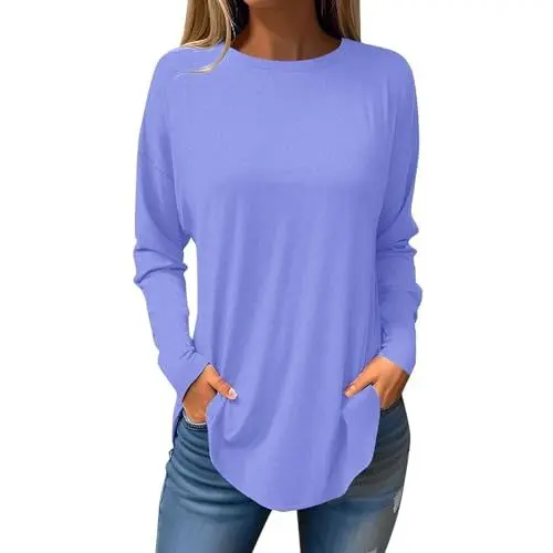 Produktbild: KOG Amazon Warehouse Deal Langarmshirt für Damen Langarm Oberteile Einfarbig Blusenshirt Retro Baumwolle Longshirt Frau Tshirt Mode Einfarbige Tshirts Rundhals Winter Tops Gutschein Blau 3XL