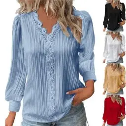 Produktbild: KOG Gutschein Langarmshirt Damen Langarm Oberteile Einfarbig T-Shirts Retro Baumwolle Shirt Frauen Kleidung Elegante Einfarbige Oberteil Frau V-Ausschnitt Lässig Shirts Prime Hellblau XXL
