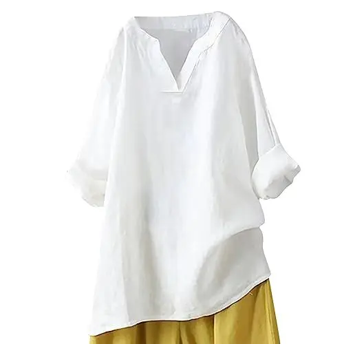 Produktbild: KOG Angebote Langarmshirt Damen Langarm Leinenbluse Shirt Einfarbig Oberteile Warme Baumwolle Leinen Kleidung Blusen Lässig Hemd Frau V-Ausschnitt Warmes Tshirts Sale Damen Weiß 3XL