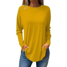 Produktbild: KOG Gutscheine Langarmshirt Damen Langarm Bekleidung Einfarbige Bluse Elegante Baumwolle T-Shirt Teenager Mädchen Shirt Mode Longbluse V-Ausschnitt Casual Tops Damen Tshirt Sale Gelb 3XL