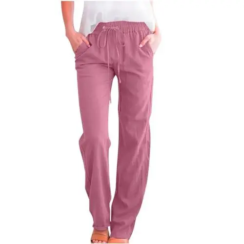 Produktbild: KOG Angebote Leinenhose Damen Cargo Hosen Musselin Sommerhose Leinen Casual Cargohose Frauen Jogginghosen Grafik Freizeithose Damen Lang Slim Fit Gothic Hose Amazon Basics Rosa M