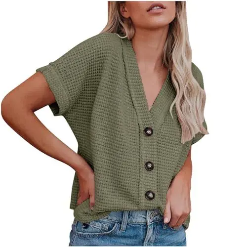 Produktbild: KOG Amazon Basics Damen Tshirts Retro Einfarbige Tee T-Shirt Elegant Kurzarm Tuniken Frau Blusen & Tuniken Oversize Einfarbig Hemd Teenager V-Ausschnitt Basic Blusen Angebote Grün S