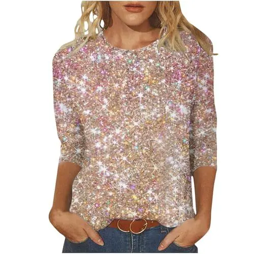 Produktbild: KOG Bluse Damen Elegant 3/4 Ärmel Bluse Baumwolle Tie-Dye Muster Tunika Basic 3/4 Ärmel Oberteil Sale Damen Teenager Mädchen Kleidung Retro Grafik Longbluse Casual Blusen Angebote Gold XL