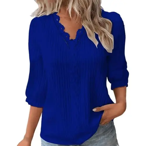Produktbild: KOG Bluse Damen Elegant 3/4 Ärmel Kleidung Baumwolle Einfarbig Oberteil Retro 3/4 Arm Tunika Sale Angebote Frau Longshirt Freizeit Einfarbige Shirts Elegant Shirt Blau L