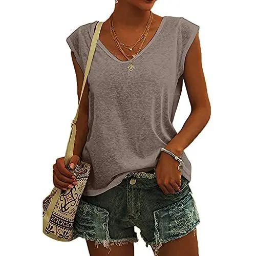Produktbild: KOG Bluse Damen Elegant Ärmellose T-Shirt Shirt Casual Weiß Oberteile mit Flügelärmeln Frauen Schwarz Kleidung Frau Grau Sommer Shirts Top Damen V-Ausschnitte Tshirt Klamotten Braun M
