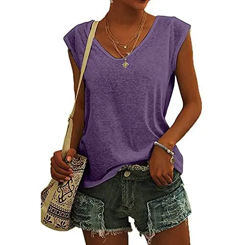 Produktbild: KOG Bluse Damen Elegant Ärmellose T-Shirt Shirt Casual Weiß Oberteile mit Flügelärmeln Frauen Schwarz Kleidung Frau Grau Sommer Shirts Top Damen V-Ausschnitte Tshirt Klamotten Lila M