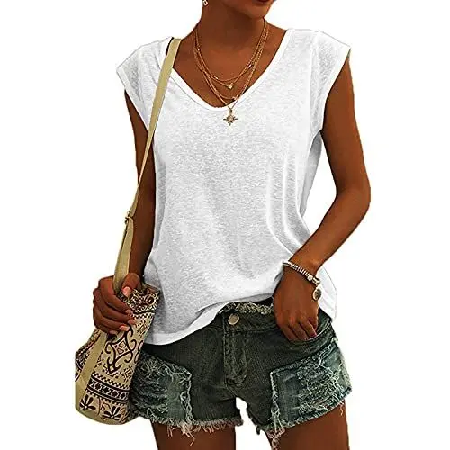 Produktbild: KOG Bluse Damen Elegant Ärmellose T-Shirt Shirt Casual Weiß Oberteile mit Flügelärmeln Frauen Schwarz Kleidung Frau Grau Sommer Shirts Top Damen V-Ausschnitte Tshirt Klamotten Weiß L