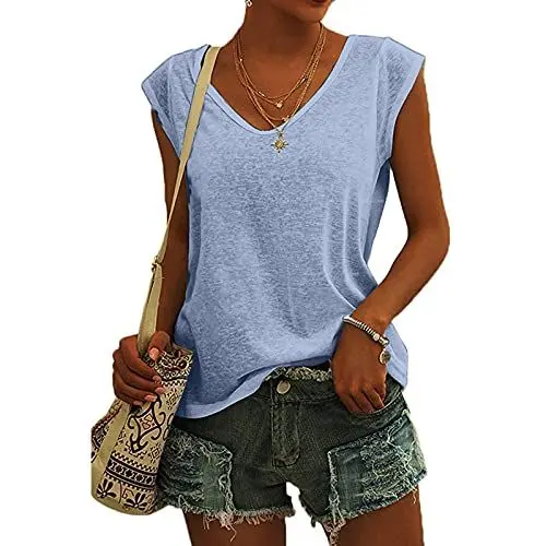 Produktbild: KOG Bluse Damen Elegant Ärmellose T-Shirt Shirt Casual Weiß Oberteile mit Flügelärmeln Frauen Schwarz Kleidung Frau Grau Sommer Shirts Top Damen V-Ausschnitte Tshirt Klamotten Blue S