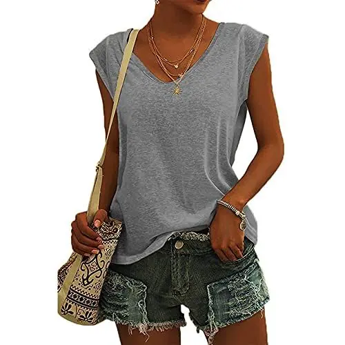 Produktbild: KOG Bluse Damen Elegant Ärmellose T-Shirt Shirt Casual Weiß Oberteile mit Flügelärmeln Frauen Schwarz Kleidung Frau Grau Sommer Shirts Top Damen V-Ausschnitte Tshirt Klamotten Grau L