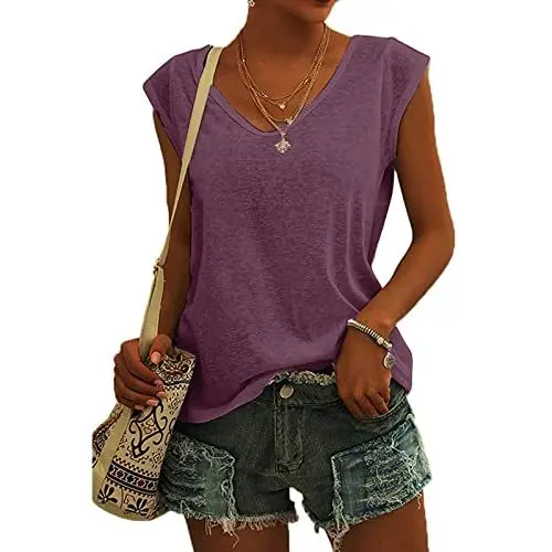 Produktbild: KOG Bluse Damen Elegant Ärmellose T-Shirt Shirt Casual Weiß Oberteile mit Flügelärmeln Frauen Schwarz Kleidung Frau Grau Sommer Shirts Top Damen V-Ausschnitte Tshirt Klamotten Rot S