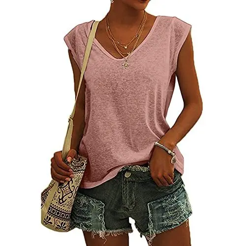 Produktbild: KOG Bluse Damen Elegant Ärmellose T-Shirt Shirt Casual Weiß Oberteile mit Flügelärmeln Frauen Schwarz Kleidung Frau Grau Sommer Shirts Top Damen V-Ausschnitte Tshirt Klamotten Rosa L