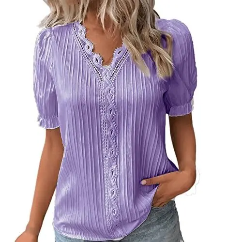 Produktbild: KOG Bluse Damen Elegant Kleidung Baumwolle Einfarbige Tunika Lose Kurzarm Tuniken Gutschein Frau Longshirt Freizeit Lässig Pullover Warehouse Deals Angebote Lila XXL