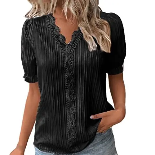 Produktbild: KOG Bluse Damen Elegant Kurzarm Kleidung Baumwolle Einfarbige Shirt Elegante Bluse Sale Frauen Longshirt Fashion Einfarbig Shirts Frau Casual Blusen Gutschein Schwarz 4XL