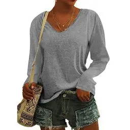 Produktbild: KOG Bluse Damen Elegant Langarm T-Shirt Tops Shirt Casual Weiß Oberteile Frauen Schwarz Kleidung Frau Grau Sommer Shirts Top Damen V-Ausschnitte Tshirt Casual Rundhals Klamotten Teenager Grau L