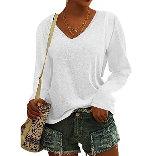 Produktbild: KOG Bluse Damen Elegant Langarm T-Shirt Tops Shirt Casual Weiß Oberteile Frauen Schwarz Kleidung Frau Grau Sommer Shirts Top Damen V-Ausschnitte Tshirt Casual Rundhals Klamotten Teenager Weiß L
