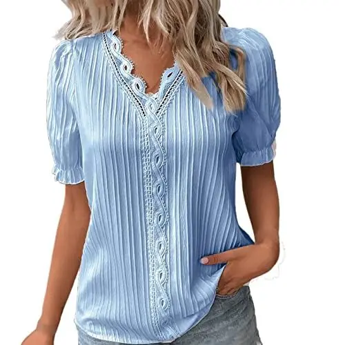 Produktbild: KOG Bluse Damen Elegant Shirts Baumwolle Einfarbig Bluse Elegant Blusenshirt Frau Tunika Shirt Teenager Mädchen Casual Pullover Outlet Angebote Himmelblau XXL