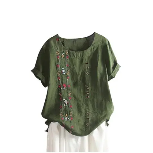 Produktbild: KOG Damen Mode Sale Damen T-Shirts Elegant Leinenhemd Blusen & Tuniken Sommer Baumwolle Tee T-Shirt Tuniken Große Größen Oberteil Frauen Rundhals Retro Top Damen Sale Angebote Grün 3XL