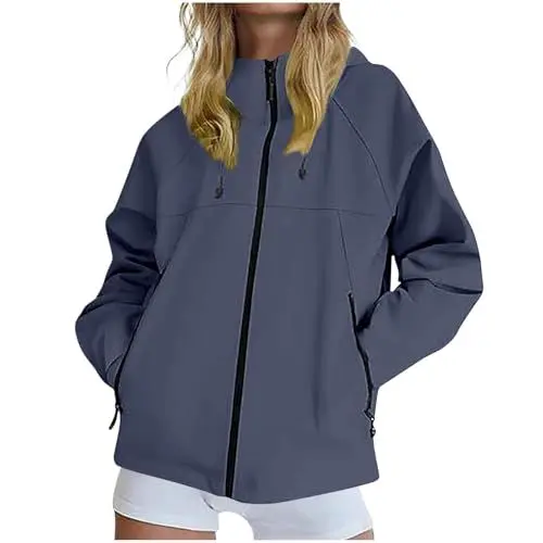 Produktbild: KOG Damen Regenjacke Wasserdicht Fahrradjacke Casual Funktionsjacke Sport Jacke Einfarbige Oberteil Frau Trainingsjacke Oversized Regenmantel Winter Festival Jacke Bomberjacke Marine XL