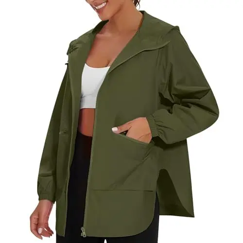 Produktbild: KOG Damen Regenjacke Wasserdicht Herbstjacke Dünne Regenmantel Sport Jacke Solid Oberteile Frauen Radjacke Herbst Windjacke Freizeit Hoodie Jacke Teenager Mädchen Kapuzenjacke Grün XL